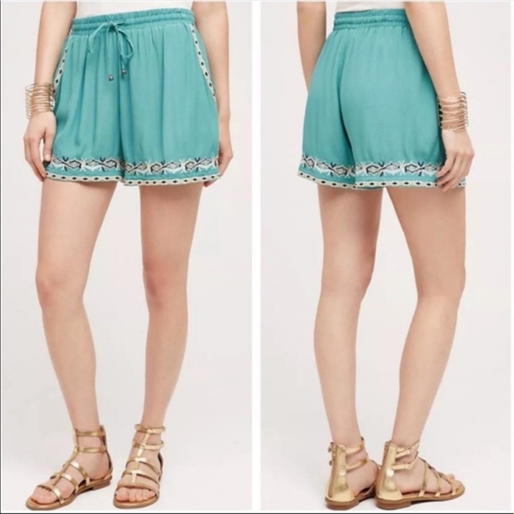 Anthropologie Hei Hei Green Embroidered Isle Pull-on Shorts